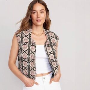 NWT Old Navy Boho Quilted Vest Size XL Black Pink White Cotton